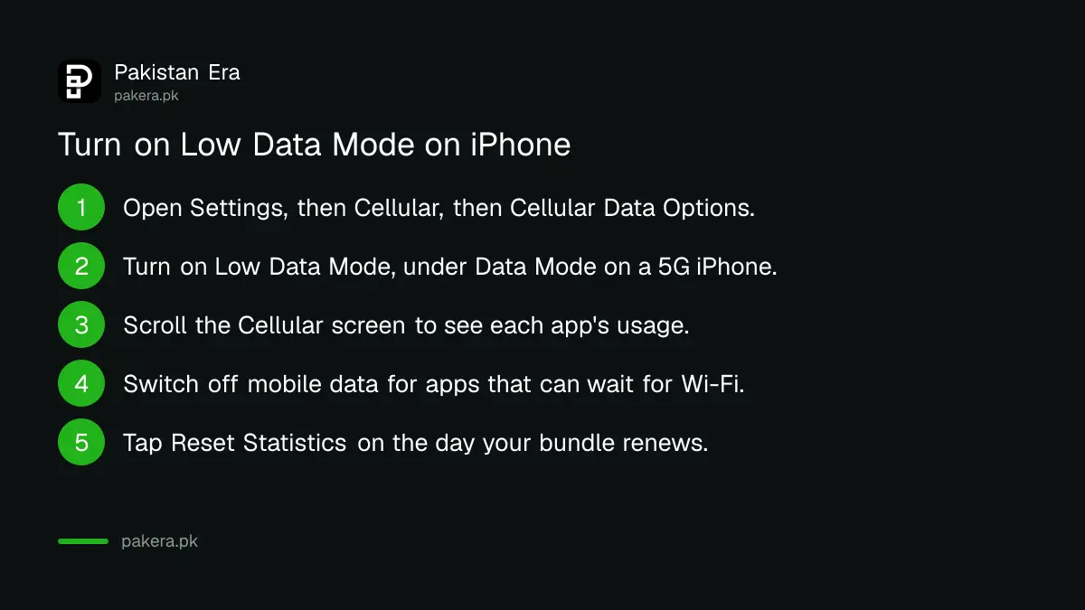 Steps to turn on iPhone Low Data Mode, block mobile data for single apps and reset statistics