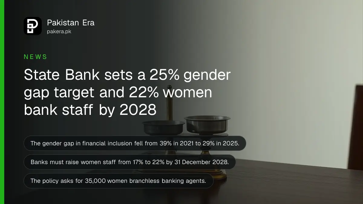A small brass balance scale on a dark wooden table, for a report on the State Bank policy on women's banking in Pakistan