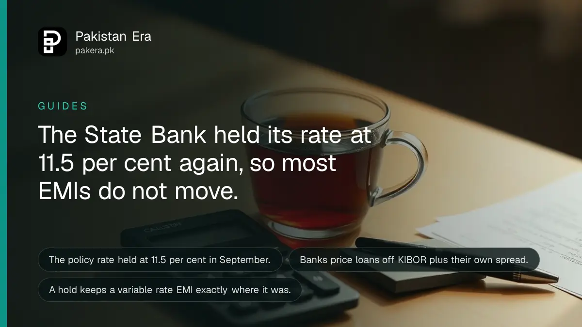 A calculator and a loan repayment schedule on a desk with Pakistani rupee notes nearby