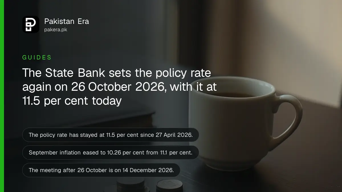 A small stack of Pakistani rupee coins and a desk calendar beside a cup of tea, for the State Bank's 26 October rate decision