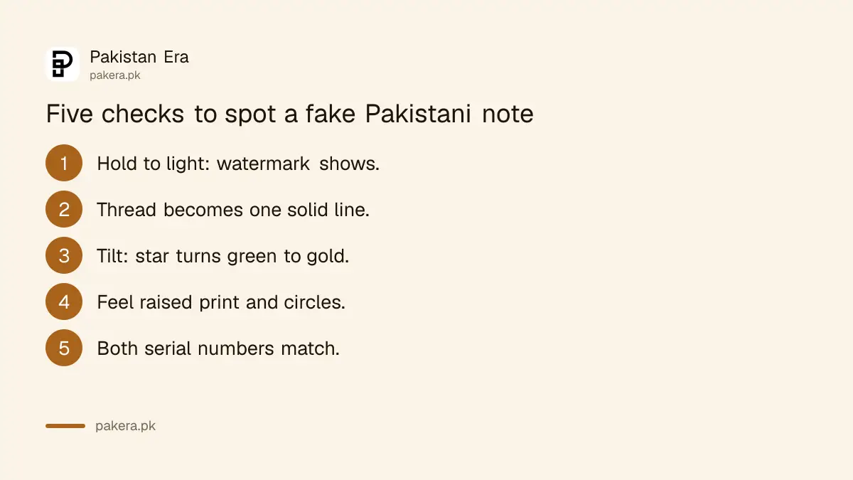 Five checks to spot a fake Pakistani banknote, from the State Bank security features page