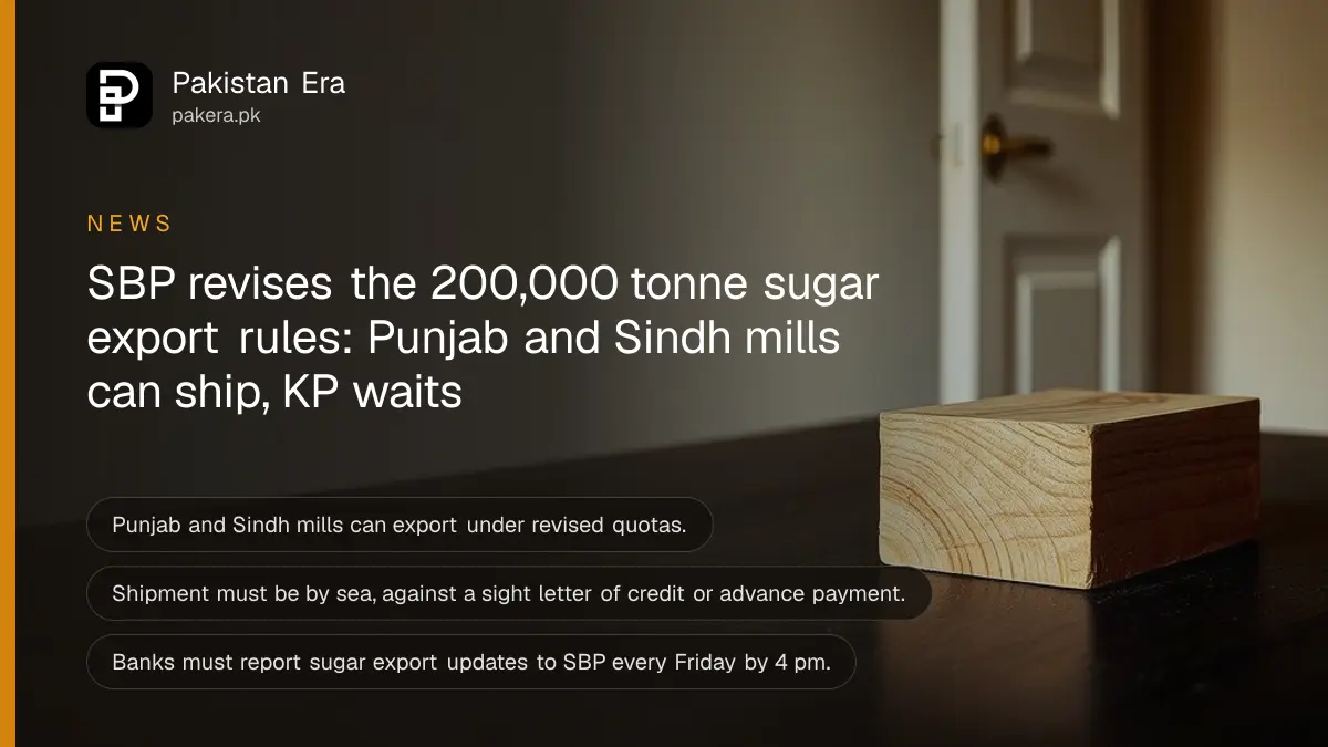 A wooden block on a dark wooden table, for a news report on SBP's revised sugar export instructions