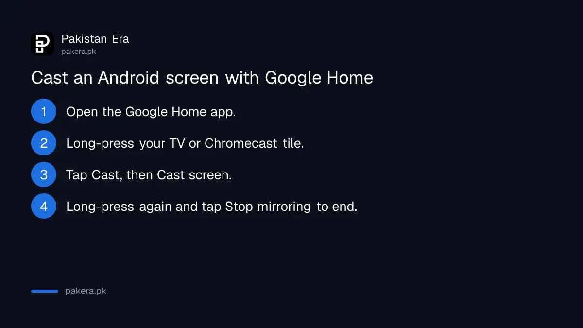 Google Home app steps to cast an Android phone screen to a Google TV