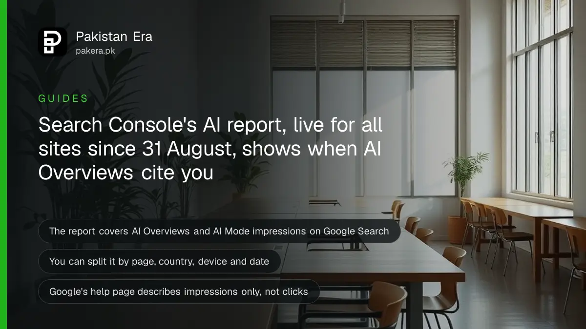 A bright co-working space in Islamabad with empty wooden desks, chairs and green plants by tall windows, for a guide to the Search Console AI report