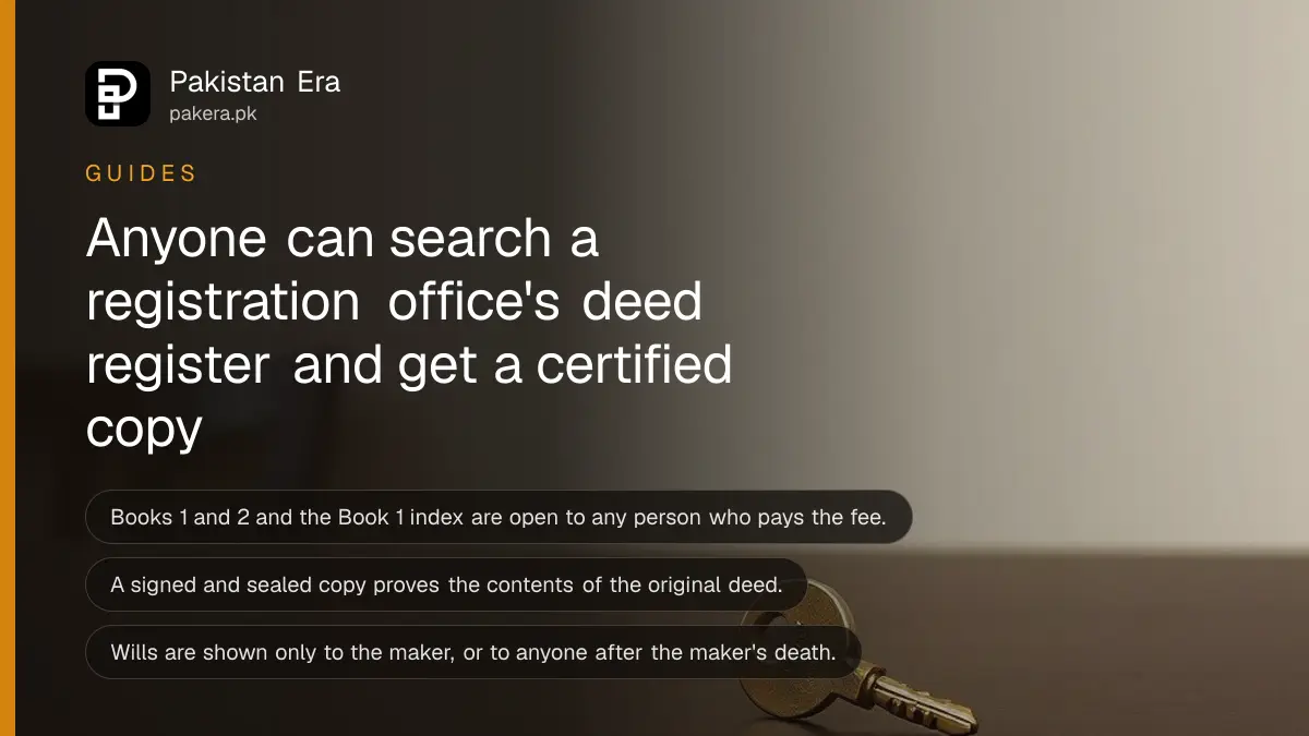 A brass key on a dark wooden table, for a guide on searching registration records and getting a certified copy of a deed in Pakistan