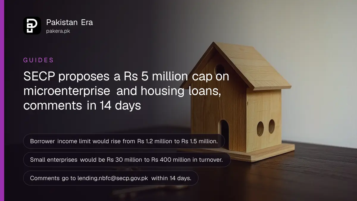 A small wooden toy house and a brass key on a dark wooden table, for an explainer on the SECP proposal on microfinance and housing loan limits