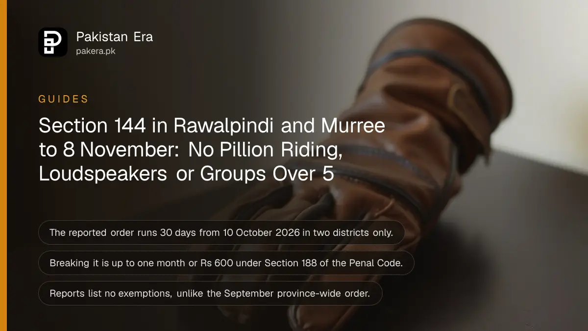 A worn leather motorcycle glove on a dark wooden table against a cream wall, for the Section 144 order in Rawalpindi and Murree