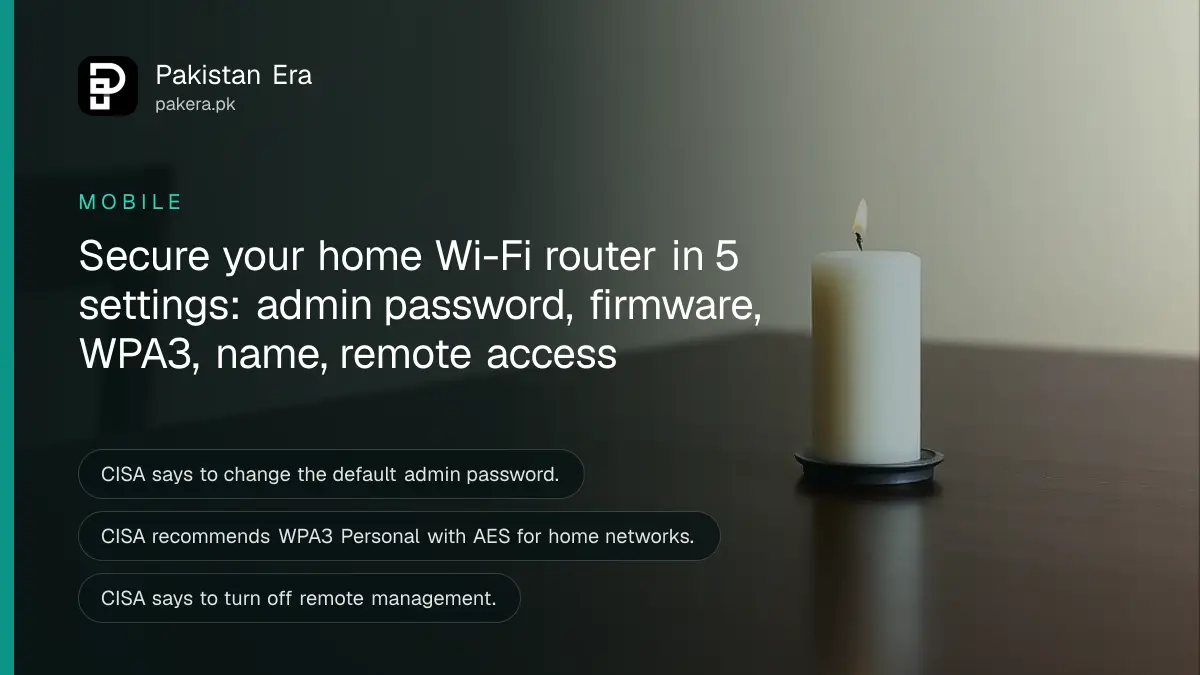 A white candle on a dark wooden table, for an article on secure home wifi router