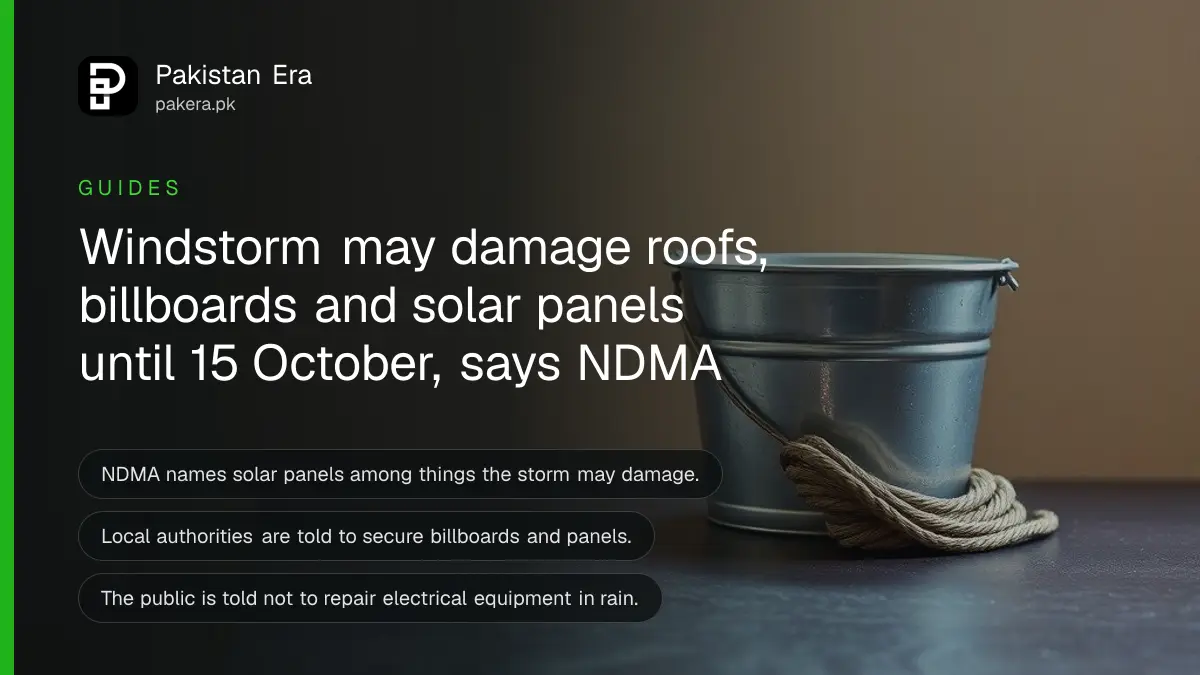 A metal bucket and a coil of rope on a dark wooden table, for a guide on solar panels and windstorm in Pakistan