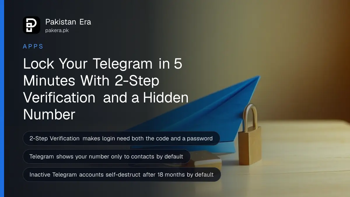 A folded blue paper aeroplane beside a small brass padlock on a wooden table, for a guide to securing a Telegram account in Pakistan