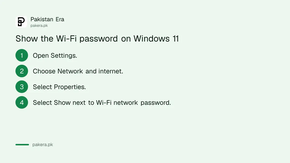 Windows 11 Network and internet Properties path to show the Wi-Fi password