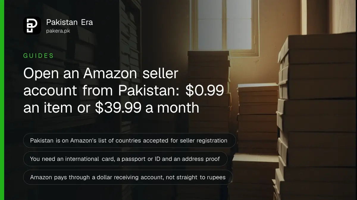 Stacked brown cardboard parcels on wooden shelves in a quiet Punjab workshop, for a guide to opening an Amazon seller account from Pakistan