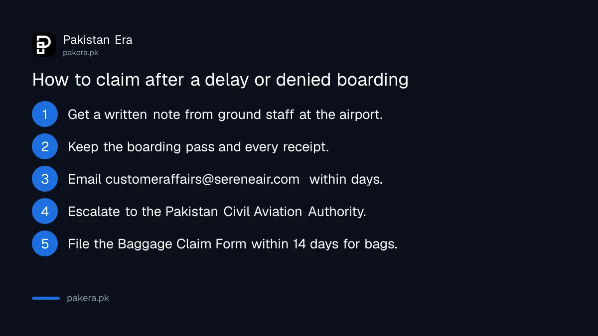 Five steps to claim compensation or expenses from Serene Air after a delay or denied boarding