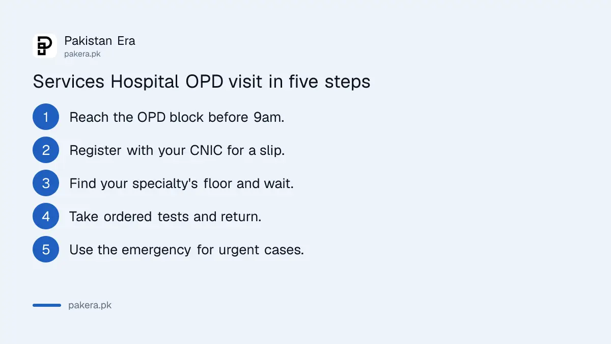 Steps to see a doctor at Services Hospital Lahore: arrive before 9am, register with CNIC, find the specialty floor, take tests, use emergency for urgent cases