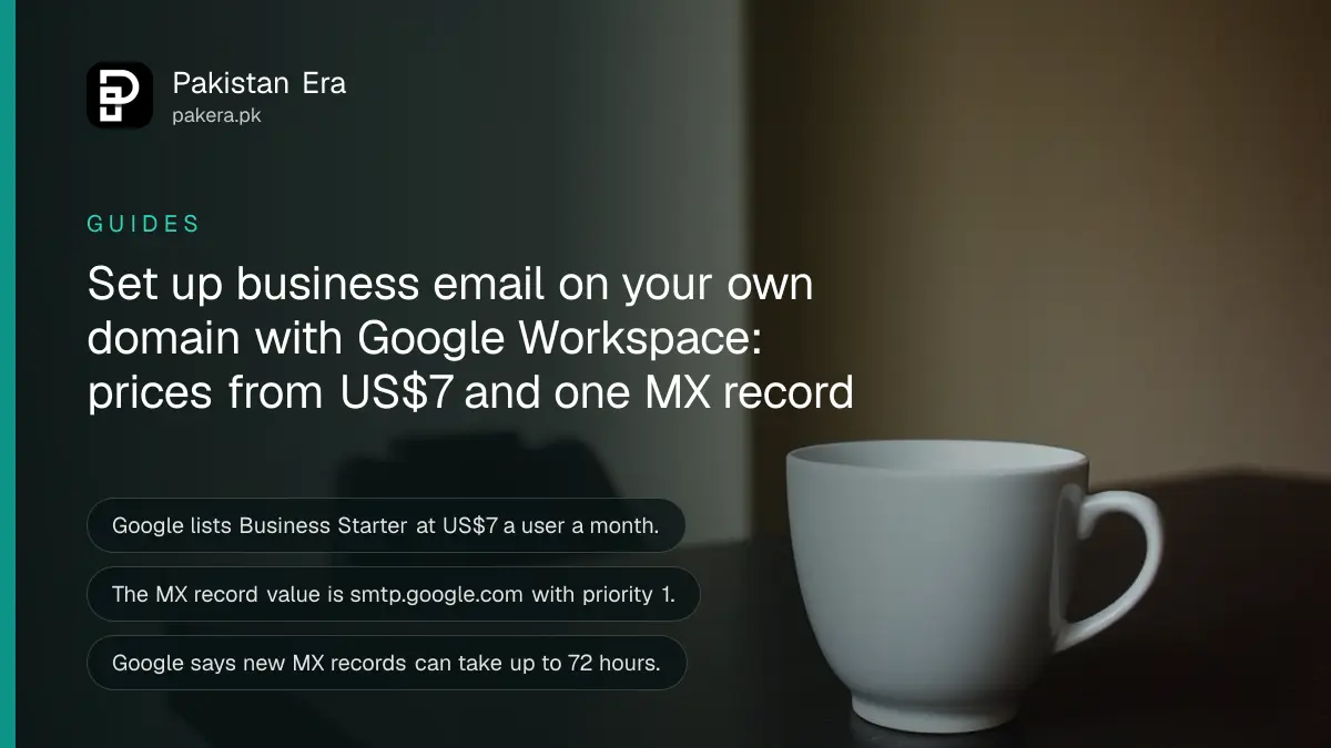Still life of a plain white ceramic cup on a dark wooden table, for a guide to business email on your own domain in Pakistan