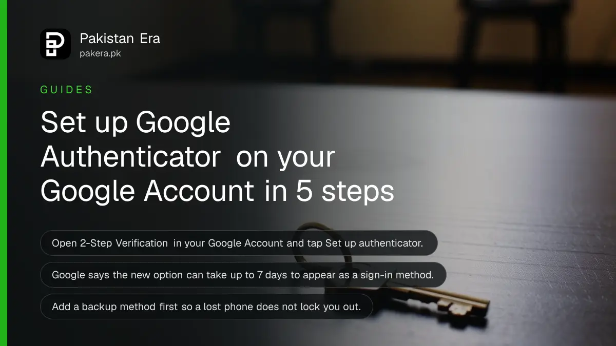 A brass key on a dark wooden table, for a guide to setting up Google Authenticator in Pakistan