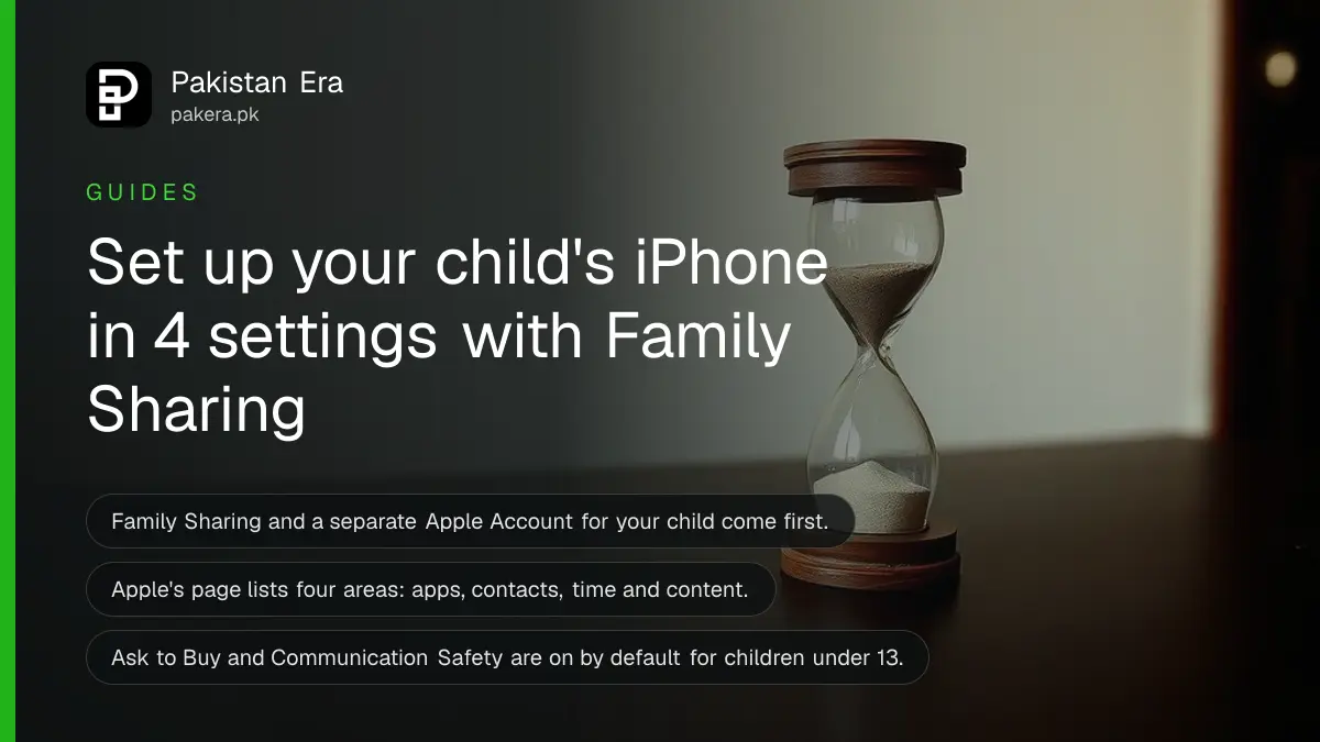 A small sand timer made of glass and wood on a dark wooden table, for a guide to Screen Time on a child iPhone in Pakistan