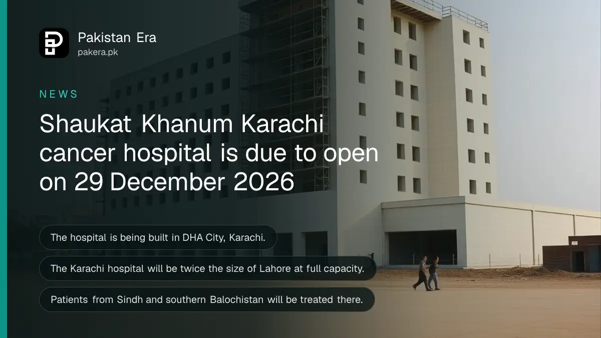 A large new hospital building in its final stage of construction on open land outside Karachi, for news that Shaukat Khanum's Karachi cancer hospital opens on 29 December 2026