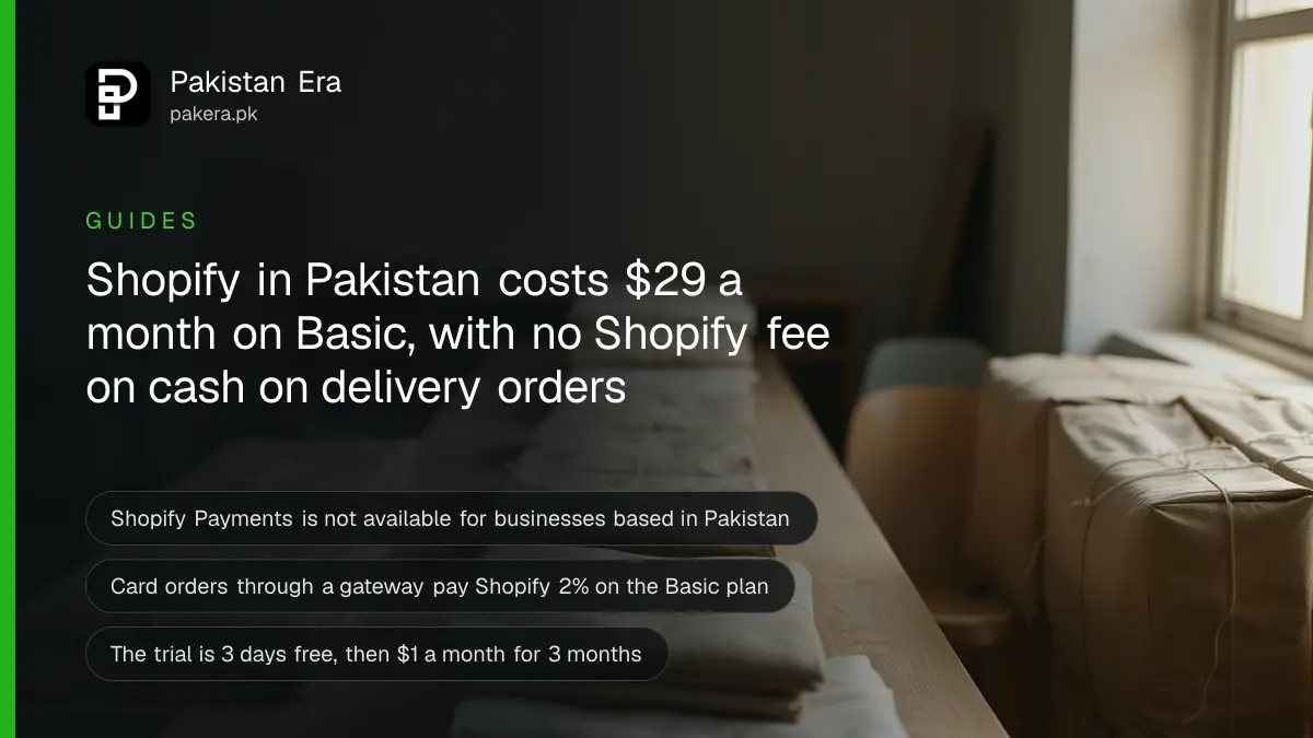 Plain wrapped parcels and folded cloth bundles on a wooden table in a small Karachi home studio by a window, for a guide to Shopify prices and fees in Pakistan