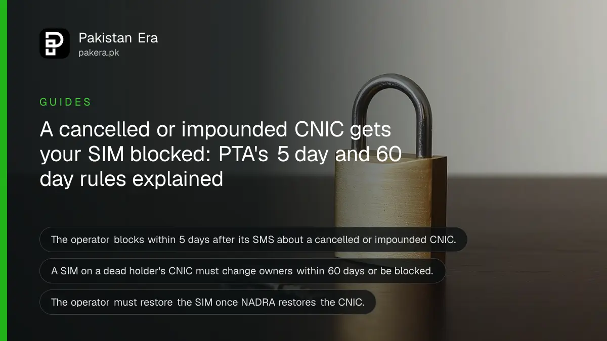 A brass padlock and key on a dark wooden table, for a guide on SIM blocking after a cancelled CNIC in Pakistan
