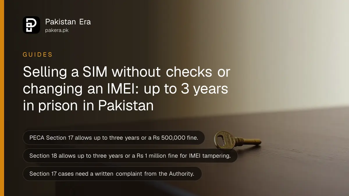 Still life of a single brass key on a dark wooden table, for a guide to SIM and IMEI offences in Pakistan