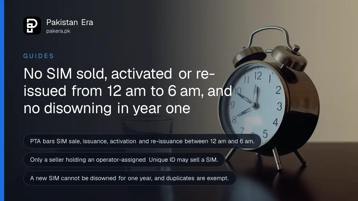 An alarm clock and a glass of water on a dark wooden table, for a guide on PTA's night ban on SIM sales in Pakistan