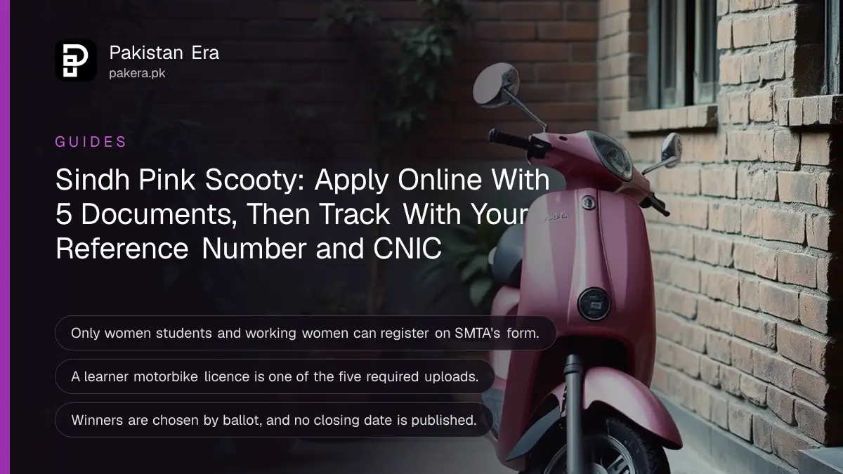 A pink electric scooter parked side on in a quiet courtyard with potted plants in morning light