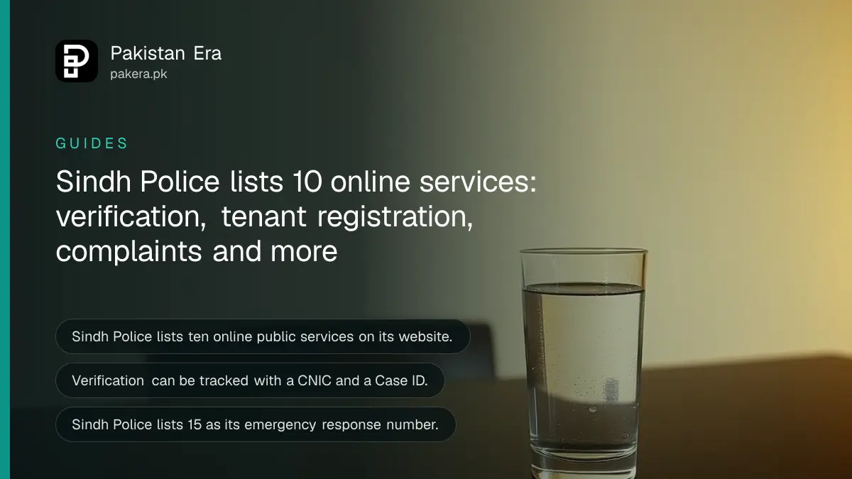Still life of a plain glass of water on a dark wooden table, for a guide to Sindh Police online services