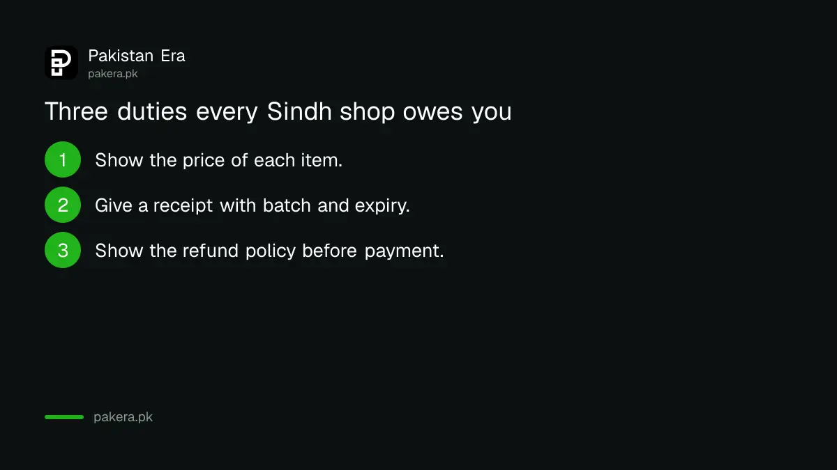 Three duties of a shop in Sindh: show prices, give a receipt, state the refund policy