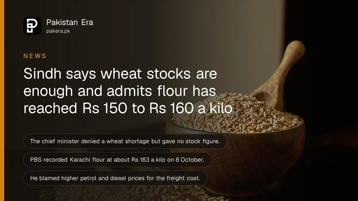 A wooden bowl of wheat grain with a wooden scoop on a dark wooden table, for an article on the Sindh flour price