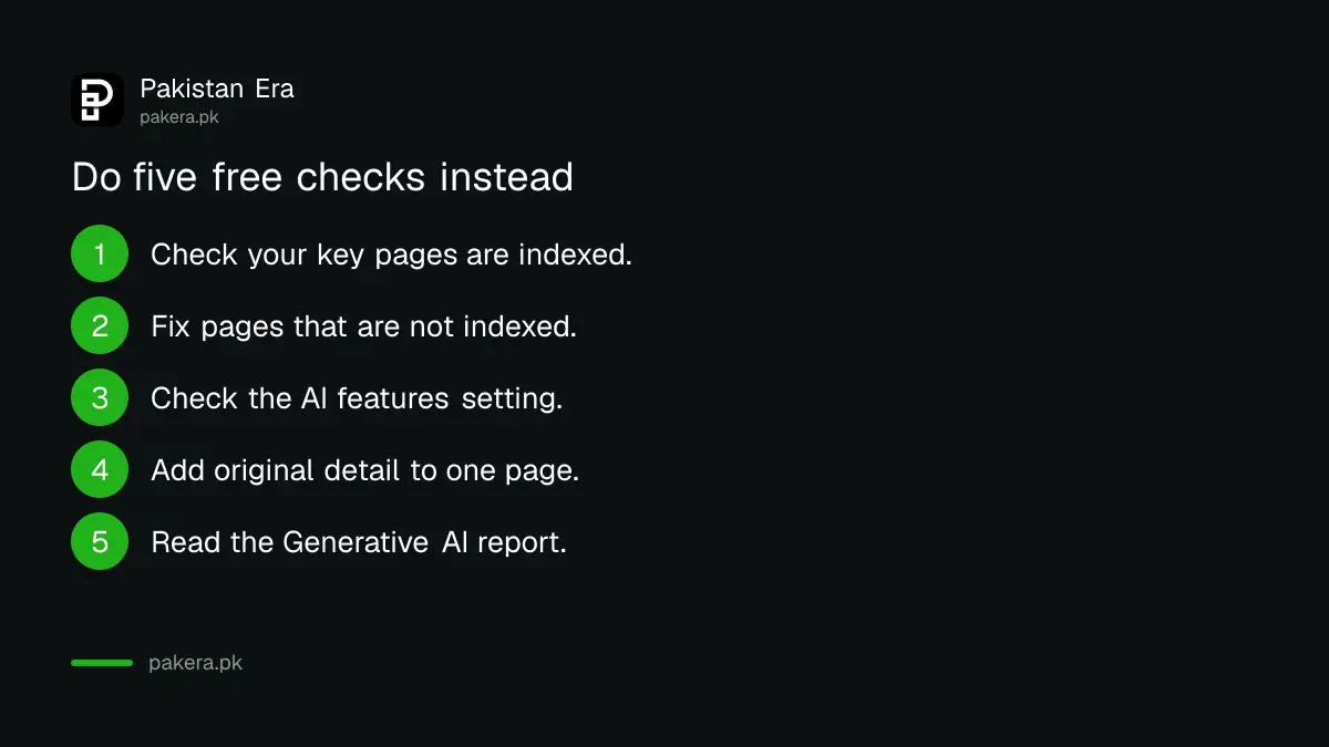 Five checks for AI search visibility: index status, AI features setting, crawling, original content and the AI report