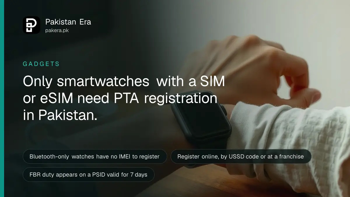 A wrist wearing a plain smartwatch with its screen off, resting on a wooden table in Lahore