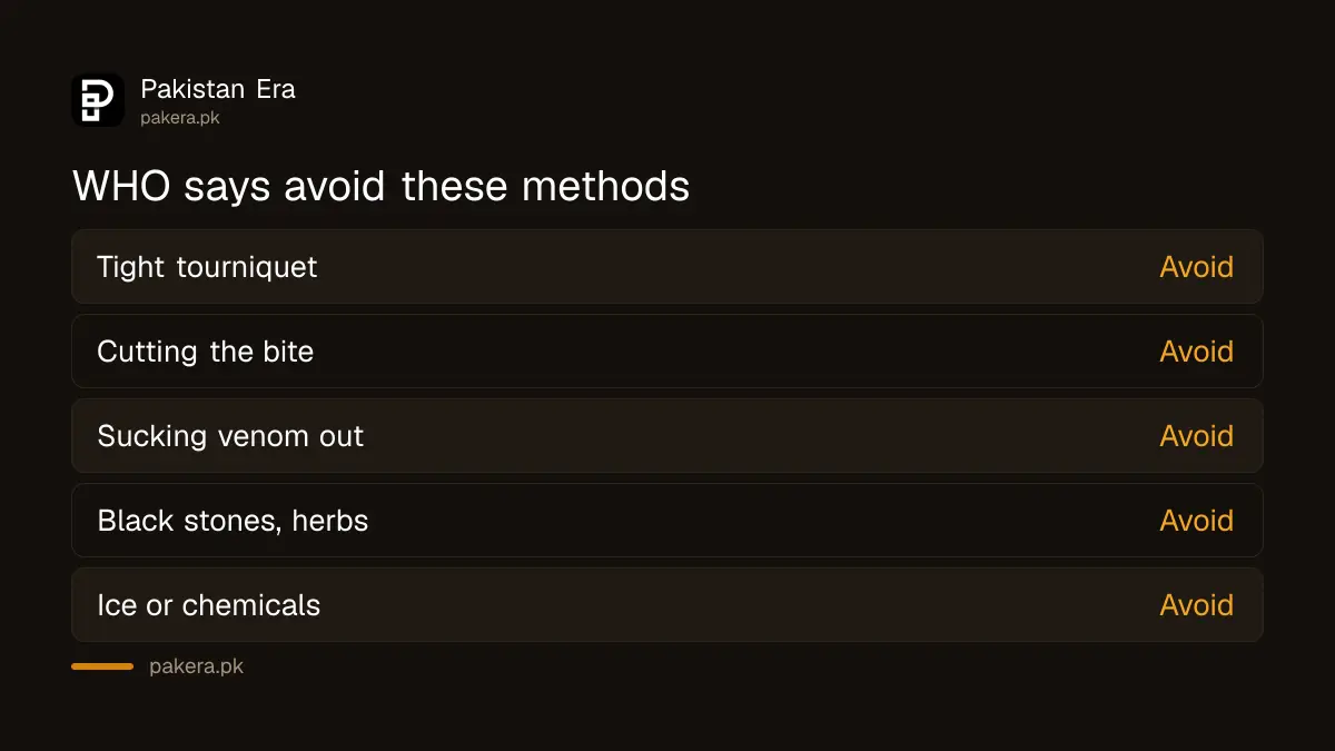 Things not to do after a snakebite, from WHO and NIH guidance