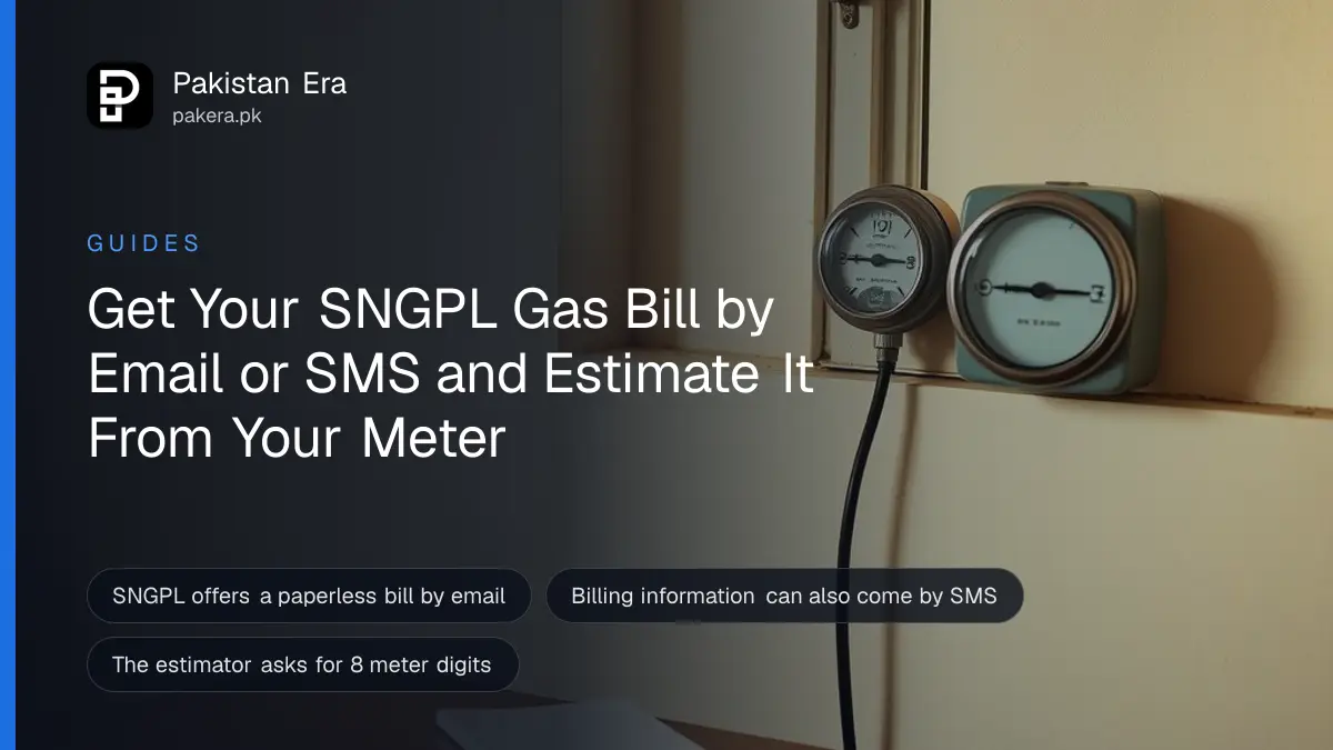 A domestic gas meter on a kitchen wall with a pen and notepad on a nearby table in a Pakistani home