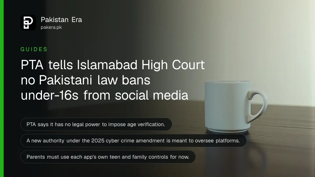 A white mug on a dark wooden table, for an article on social media age limit pakistan
