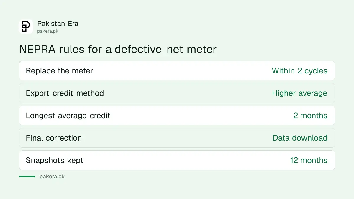 NEPRA rules for a defective net metering meter and exported unit credit