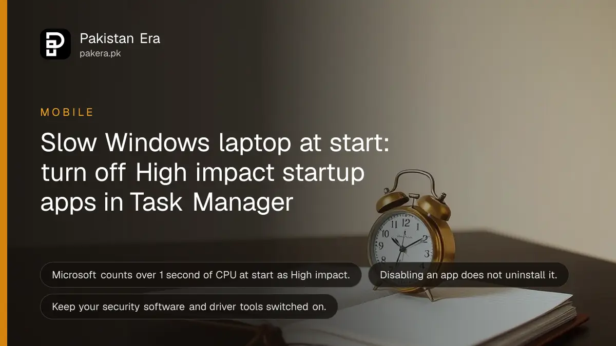 A small brass clock and a closed notebook on a dark wooden table, for a guide to speeding up a slow Windows PC