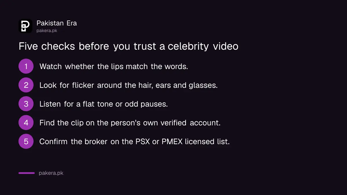 Five step graphic showing how to check a suspicious celebrity investment video before paying