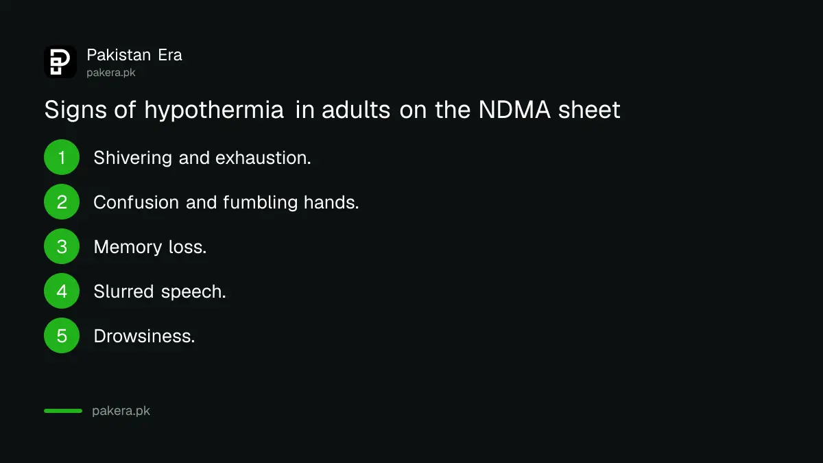 Signs of hypothermia and frostbite listed by NDMA