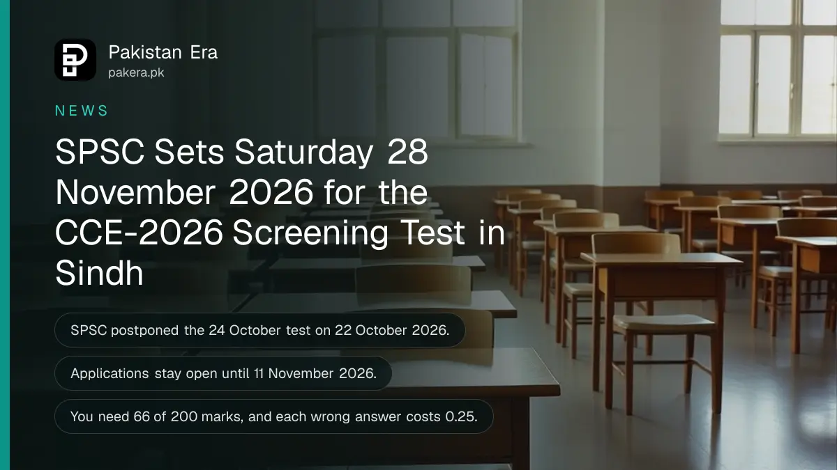 Rows of empty wooden exam desks in a bright examination hall