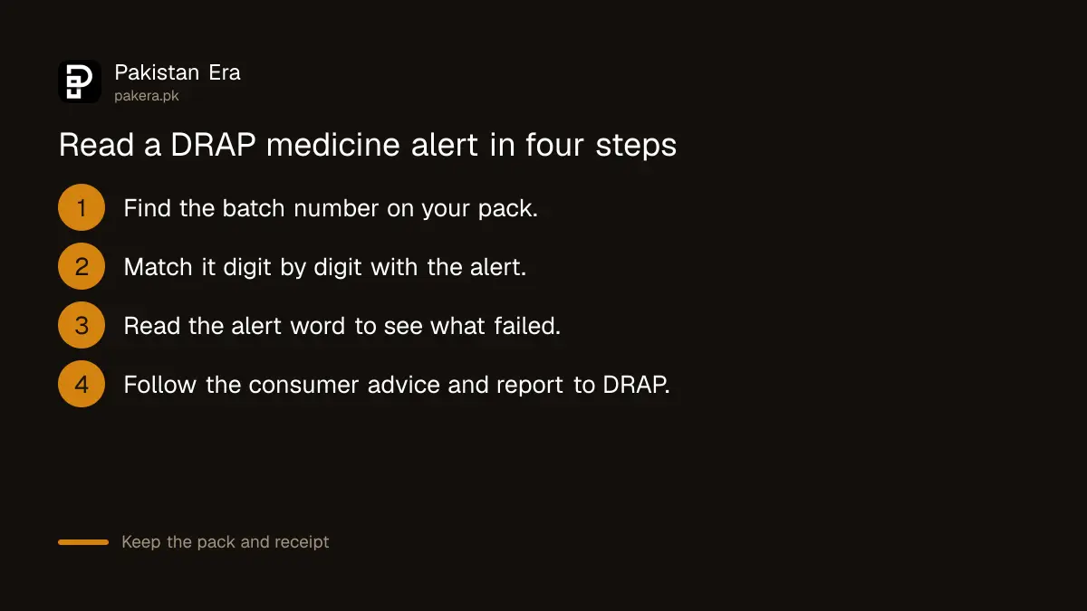 Steps to read a DRAP medicine alert in Pakistan: batch number, alert word and consumer advice