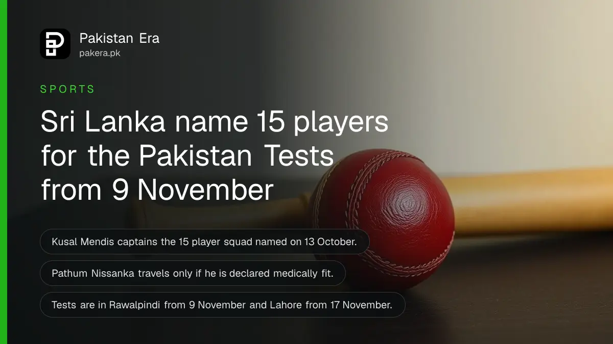 A red cricket ball beside a bat handle on a dark wooden table, for news on the Sri Lanka Test squad for Pakistan