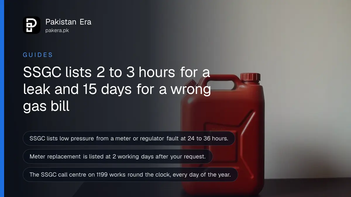 A red metal jerry can on a dark wooden table, for SSGC's gas complaint timelines