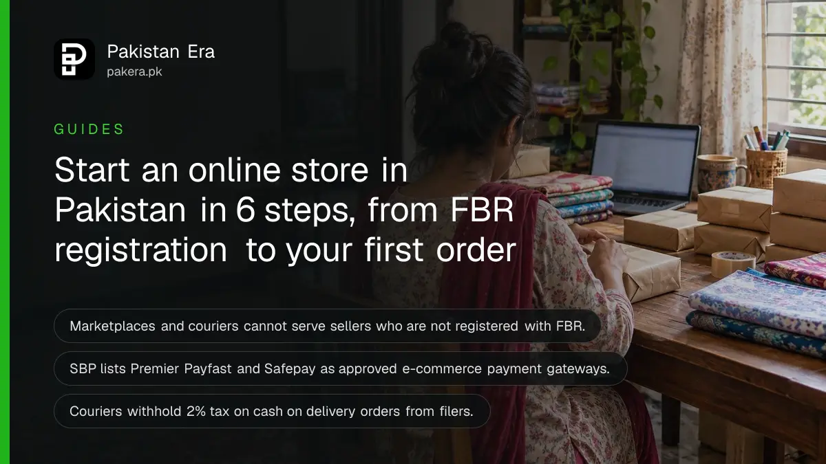 A small online seller packing parcels at a table in a Karachi home workroom, with a laptop open beside the boxes