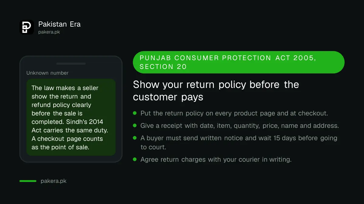 Warning that Pakistani online sellers must show a return policy before checkout under consumer protection law