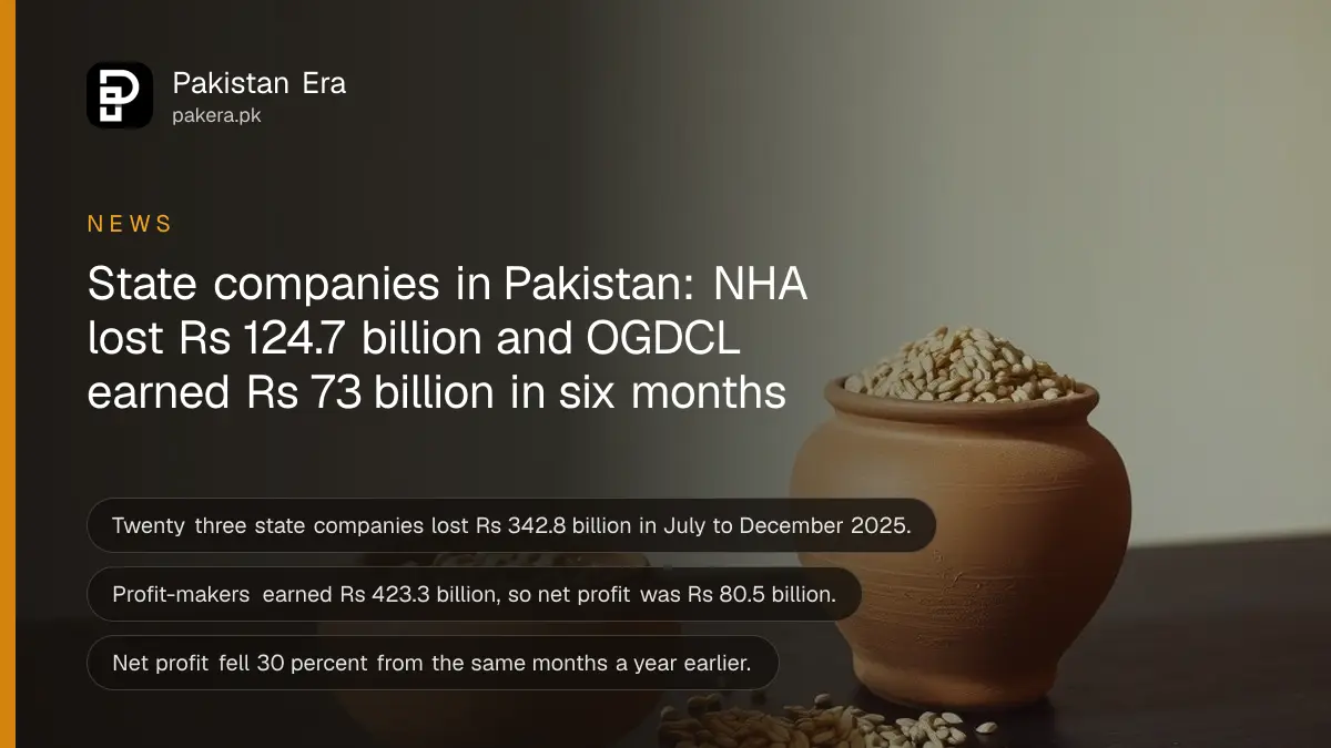Two clay pots, one full of wheat and one empty, on a dark wooden table, for a report on state company profits and losses in Pakistan