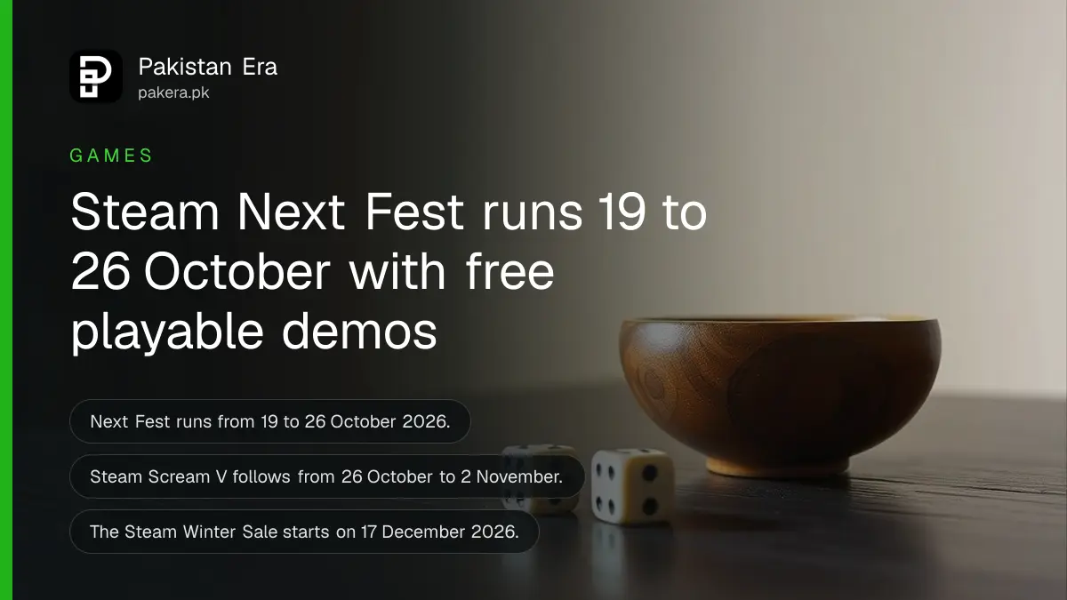 A wooden bowl and two dice on a dark wooden table, for a guide to Steam Next Fest October 2026 free demos