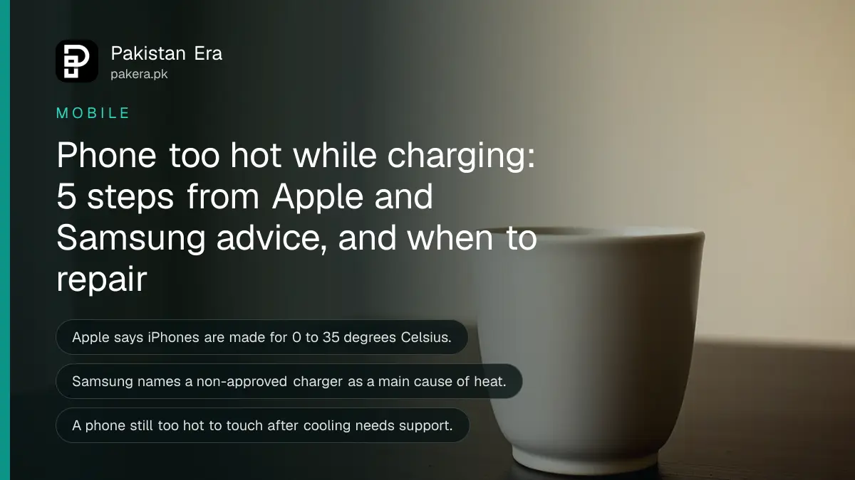 A plain ceramic cup on a dark wooden table, for an article on stopping a phone overheating while charging