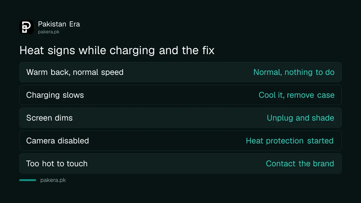 Table of heat signs while charging and what to do