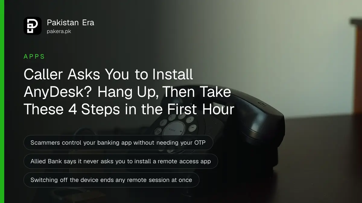 An old black telephone with its receiver lifted beside a brass padlock on a wooden table, for a guide to stopping the AnyDesk screen-sharing bank scam in Pakistan